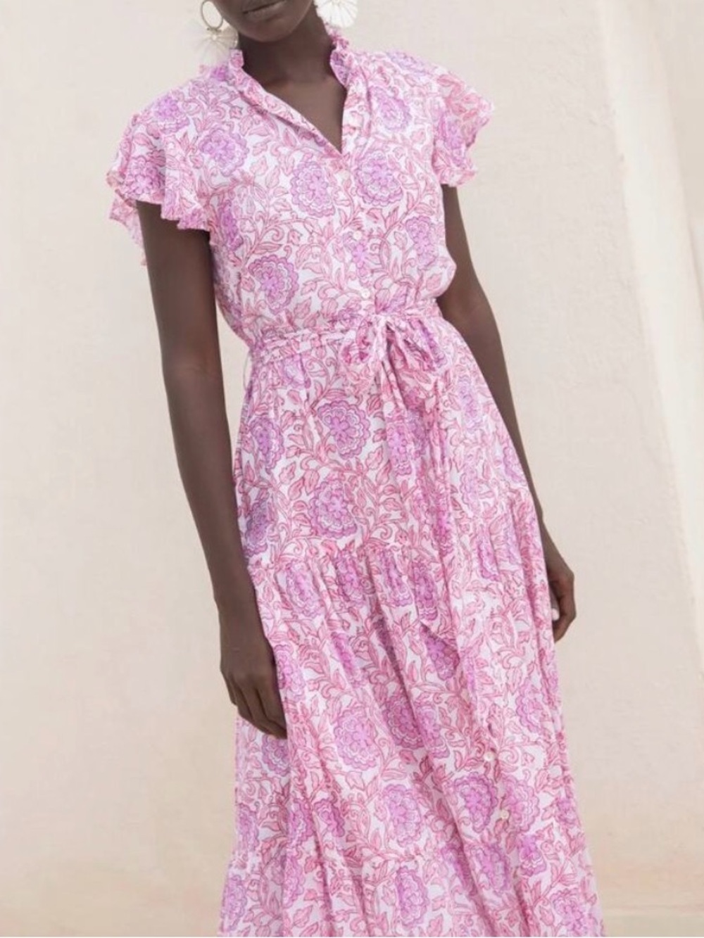 NWT Oliphant Malta Pink Floral Ruffle Collar Button Maxi Dress XXS